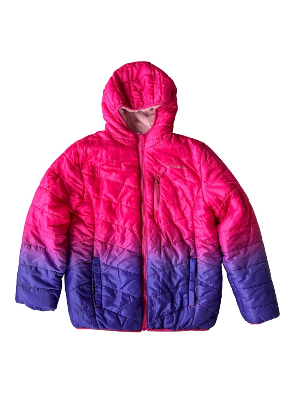 Eddie Bauer Girls Reversible Ombre Puffer Plush Fleece Hooded Jacket L 14/16